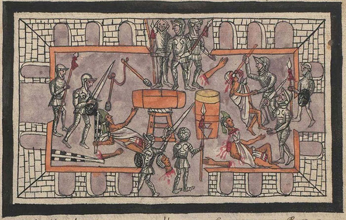 Le massacre de la noblesse mexica par Pedro de Alvarado et ses hommes au cours d’une fête religieuse », dans Codex Durán, 1579, chap. LXXV.